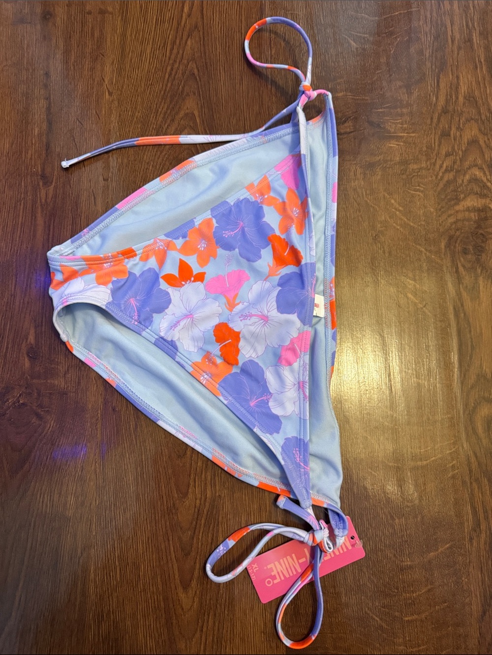NINETY Floral Tie-Side Bikini Bottom in Light Blue with Purple & Orange Flowers